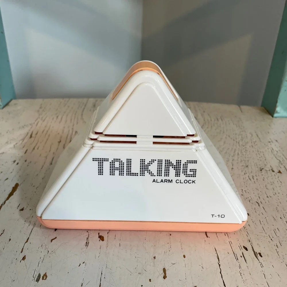 Vintage 80s Talking Alarm Clock T-10 Triangle Pyramid White Peach Retro Tested